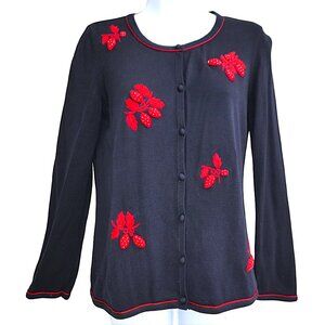 Talbots Petite 3D Strawberries Navy Knit Cardigan Contrasting Red Trim Granny SP